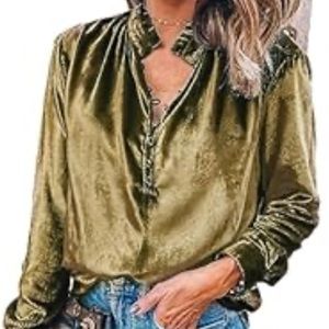 New Golden colored velvet ladies v neck button blouse with ruffle collar